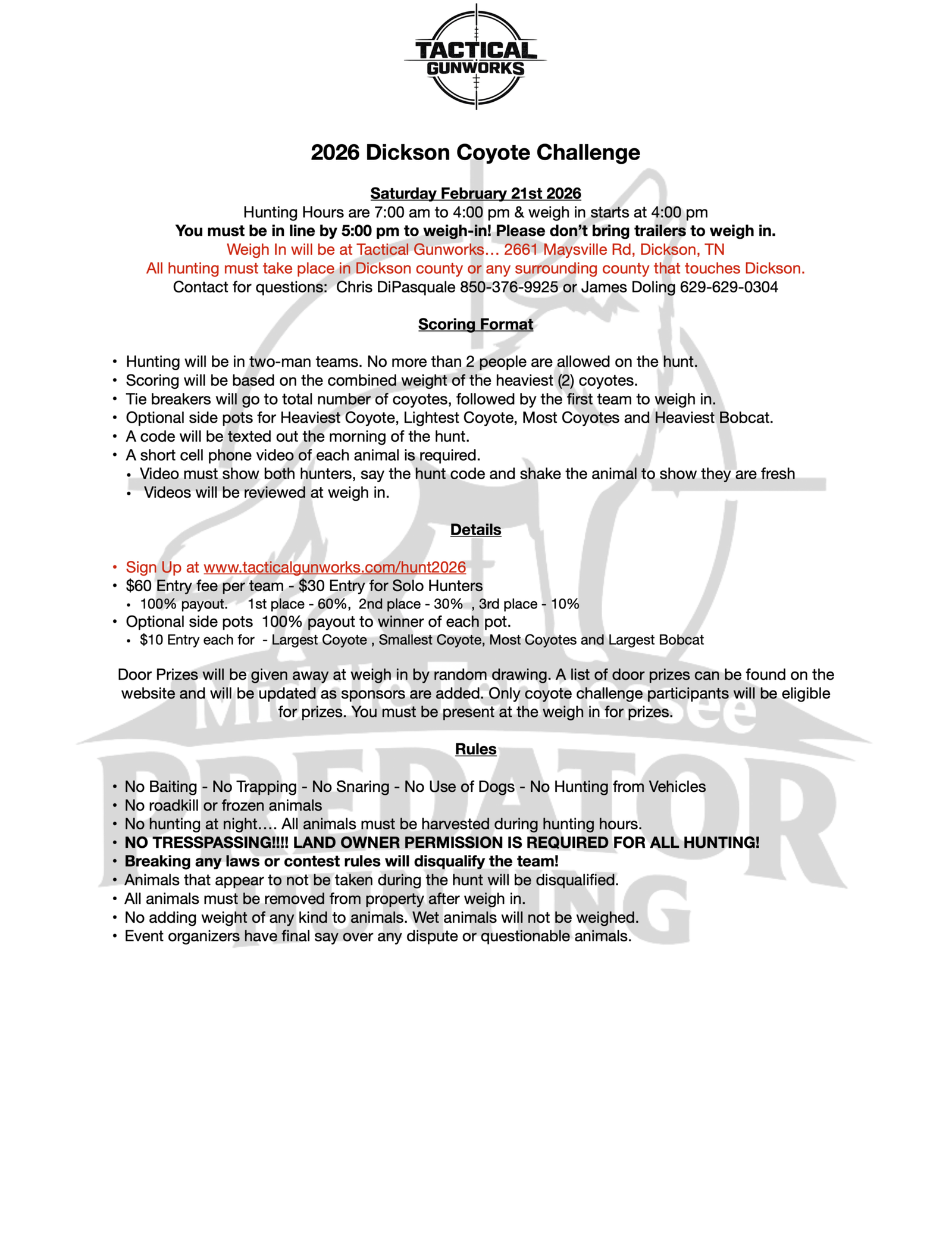 Dickson Coyote Challenge 2026 coyote hunt single day